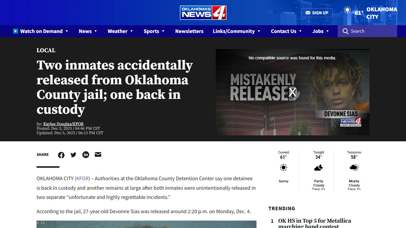 Two inmates accidentally released from Oklahoma County jail; one back ...